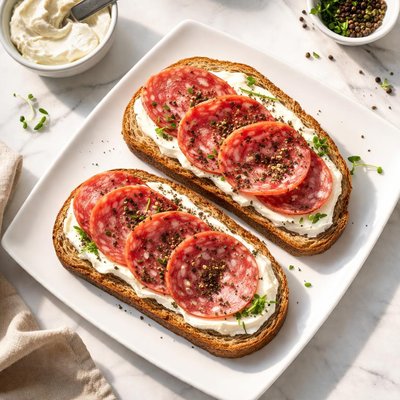 Bread with salami and cream cheese