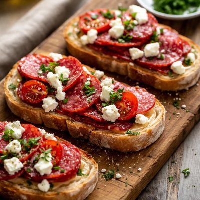 Bread with salami and feta