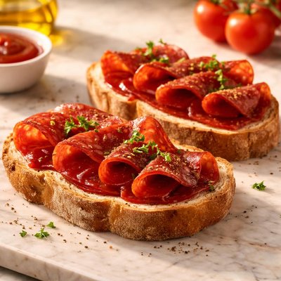Bread with salami and ketchup