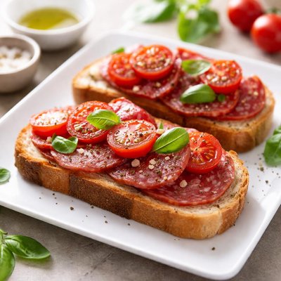 Bread with salami and tomatoes