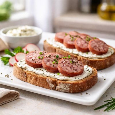 Bread with spread and sausage