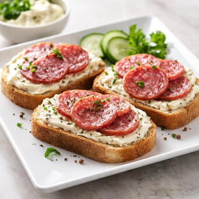 Bread with spread and sausage slices