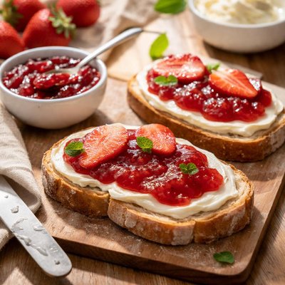Bread with strawberry jam and cream cheese