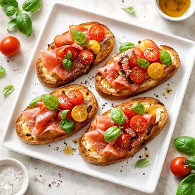 Bread with tomatoes and ham