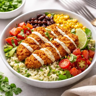 Breaded chicken burrito bowl