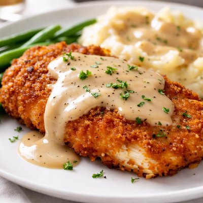 Breaded chicken cutlet with gravy