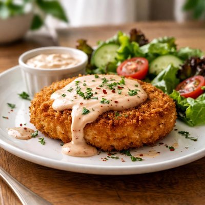 Breaded chicken patty with sauce