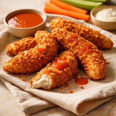 Breaded chicken tenders with hot sauce