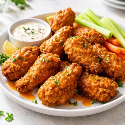 Breaded chicken wings with buffalo sauce