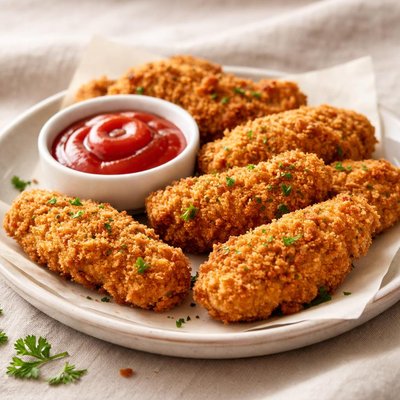 Breaded chicken with ketchup
