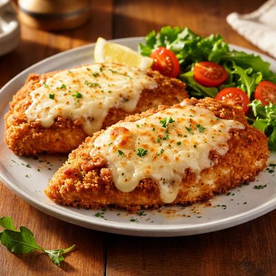 Breaded chicken with melted cheese