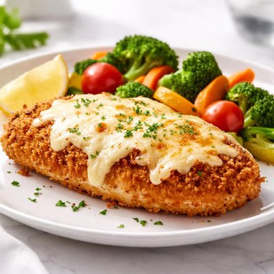 Breaded chicken with melted cheese and vegetables