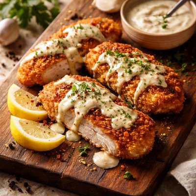 Breaded chicken with sauce