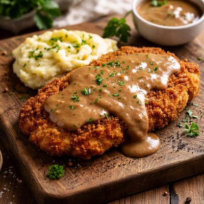 Breaded cutlet with gravy