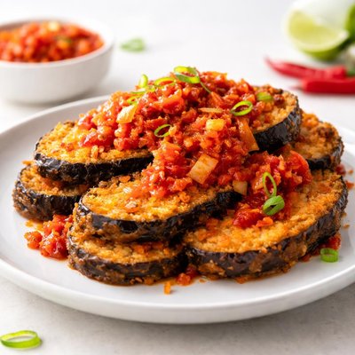 Breaded eggplant with sambal balado
