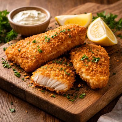 Breaded fish fillet with lemon