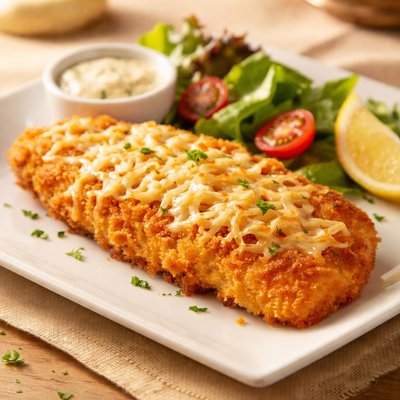 Breaded fish fillet with shredded cheese