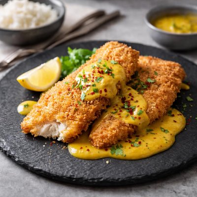 Breaded fish with curry sauce