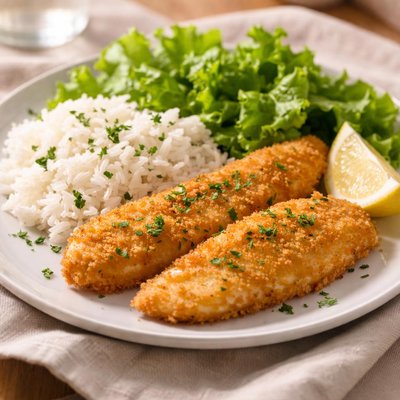 Breaded fish with rice and lettuce