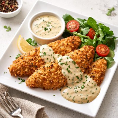 Breaded fish with sauce