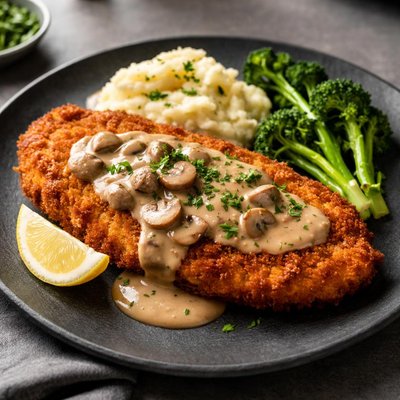 Breaded meat cutlet with gravy