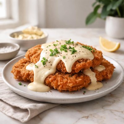 Breaded meat with cheese sauce