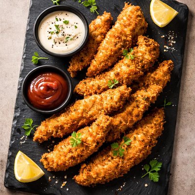 Breaded pan fried chicken strips