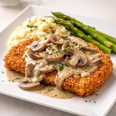 Breaded pork cutlet with mushroom sauce