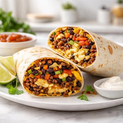 Breakfast beef and bean burrito