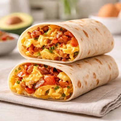 Breakfast burrito with egg and bacon