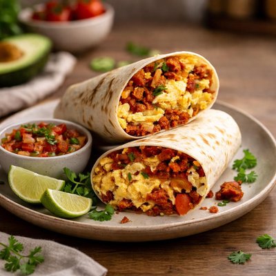 Breakfast burrito with egg and chorizo