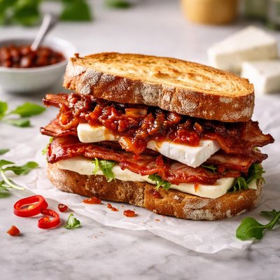 Brie bacon and chili chutney sandwhich