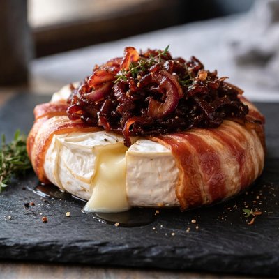 Brie soft cheese rad with red caramelised onion and bacon wrap