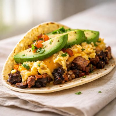 Brisket egg cheese avacado taco