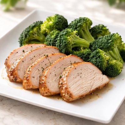 Broccoli and four slices of turkey