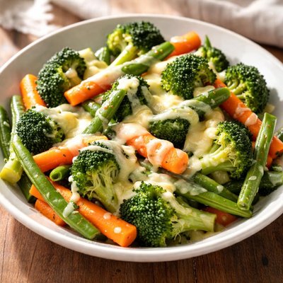 Broccoli carrorts and green beans  with melted cheese