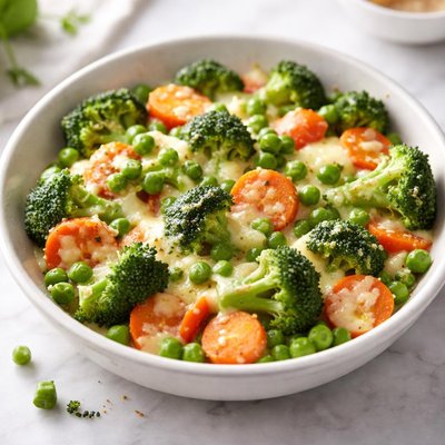 Broccoli carrorts and green peas with melted cheese