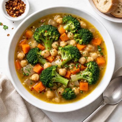 Broccoli carrot chick pea onion soup