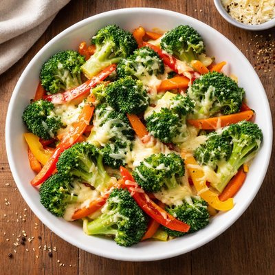 Broccoli with peppers and carrots and melted cheese