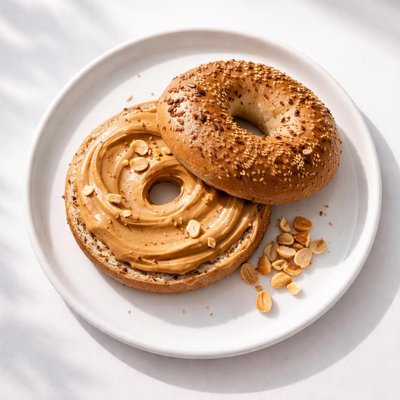 Brown bagel with peanut butter