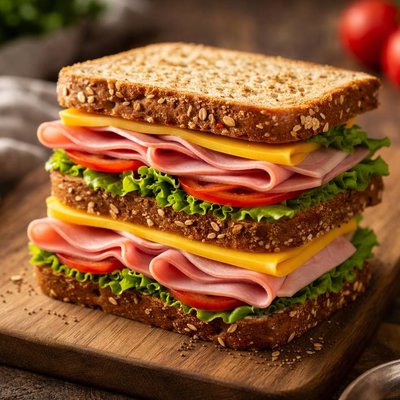 Brown bread sandwich with cheddar cheese and ham