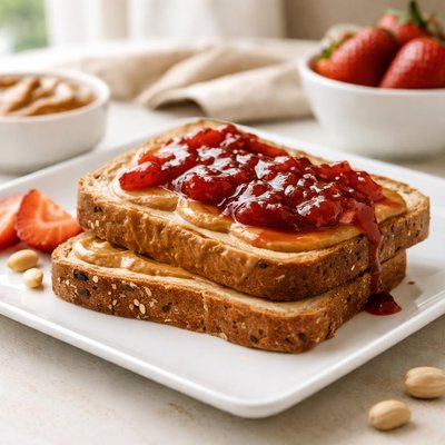 Brown bread with peanut butter and strawberry jan