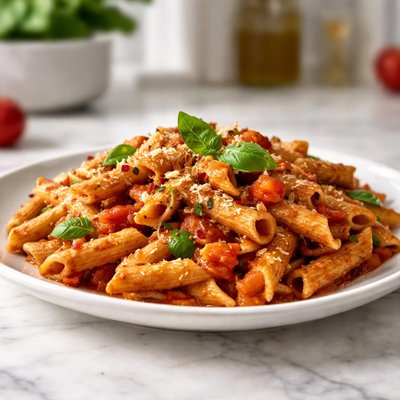Brown pasta in tomato sauce