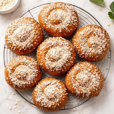 Brown round pastry with coconut flakes