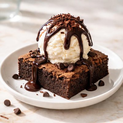 Brownie with vanilla ice cream and chocolate syrup