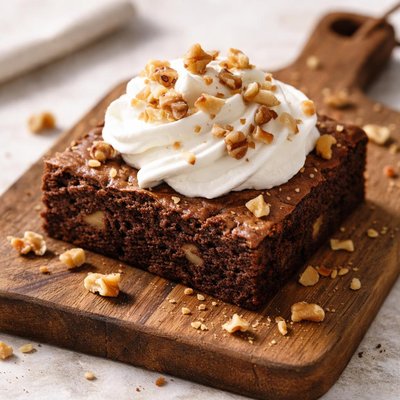 Brownie with whipped cream and nuts