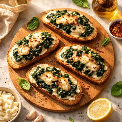 Bruschetta with cheese and spinach
