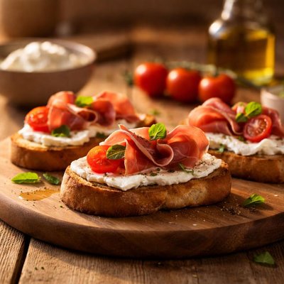Bruschetta with cream cheese and prosciutto