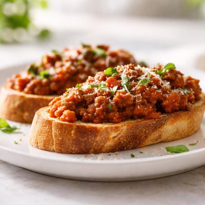 Bruschetta with meat and tomato sauce