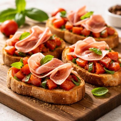 Bruschetta with prosciutto and tomatoes